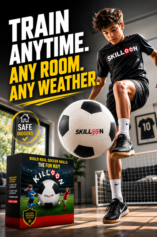 Child juggling with Skilloon indoor soccer Trainer