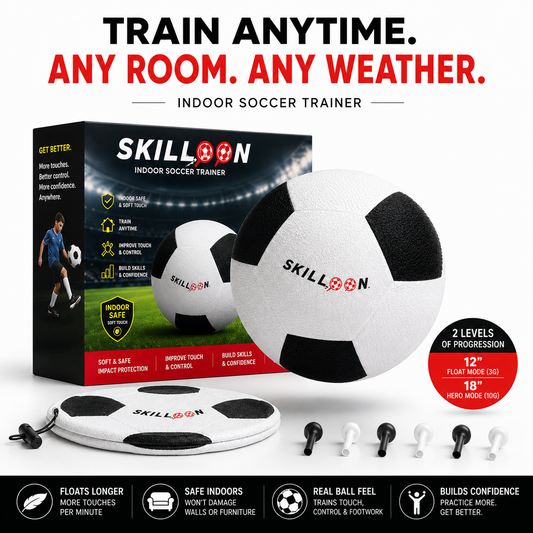 Skilloon indoor soccer trainer set shown with its retail box, a large black-and-white soccer ball, a smaller ball, a round carrying mat, several small training balls, and ear hooks on a white background with promotional text.